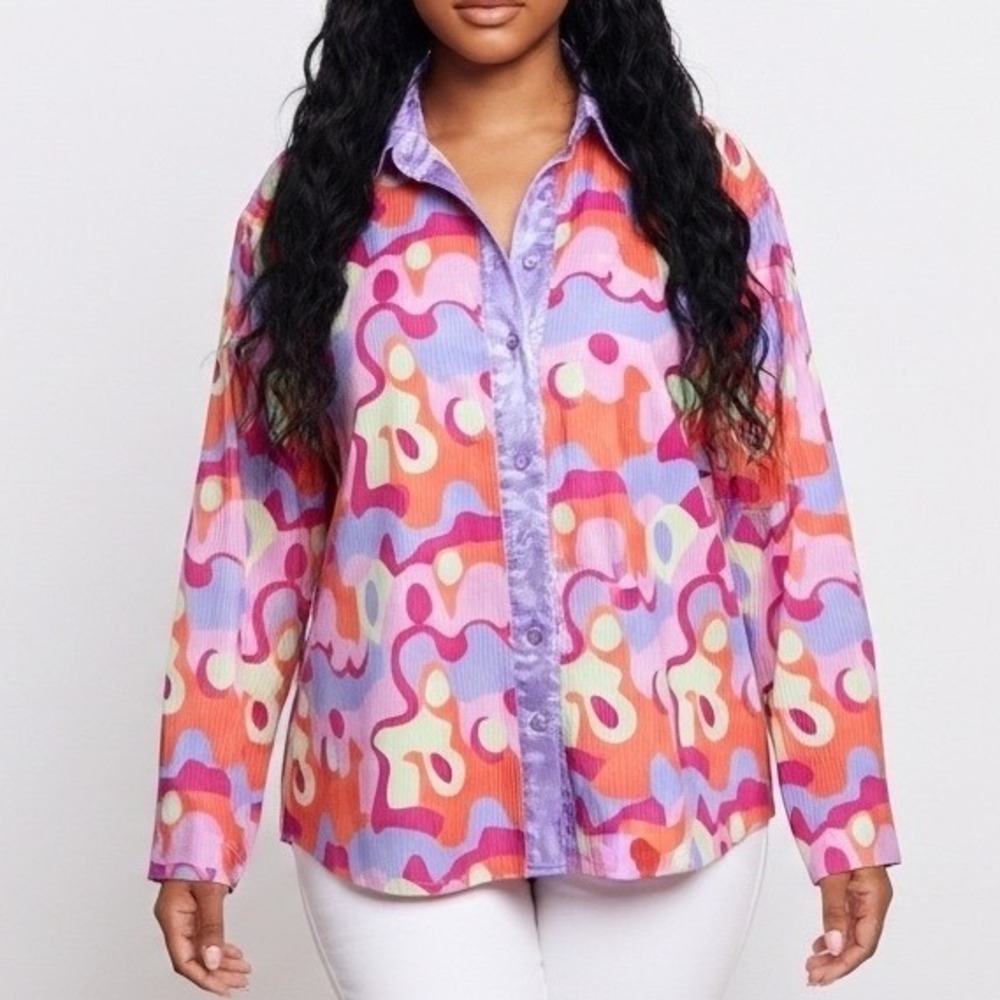 Womens Pleated Button Up Shirt Long Sleeve Abstract Print Purple Orange‎ Pink